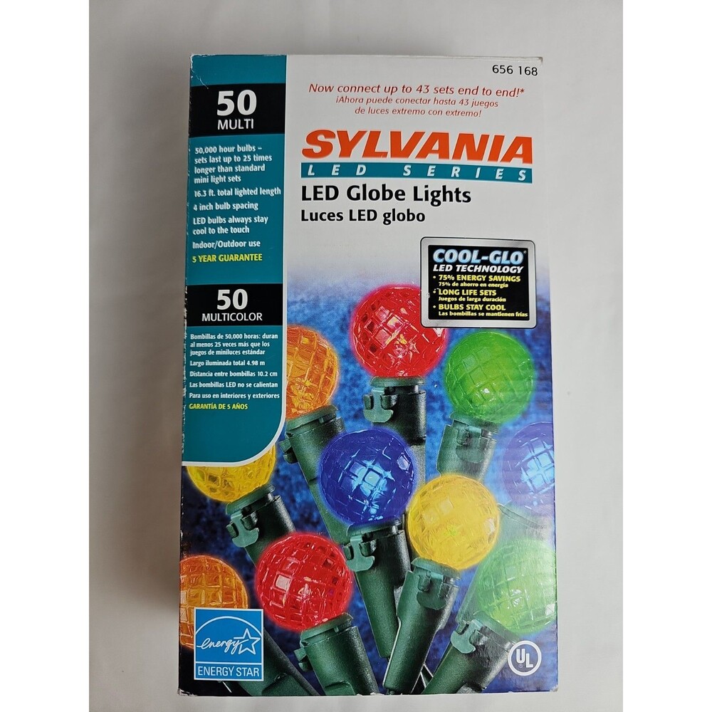 Vintage Sylvania 50 Multicolor LED Globe Christmas Lights Indoor Outdoor 16.3 Ft